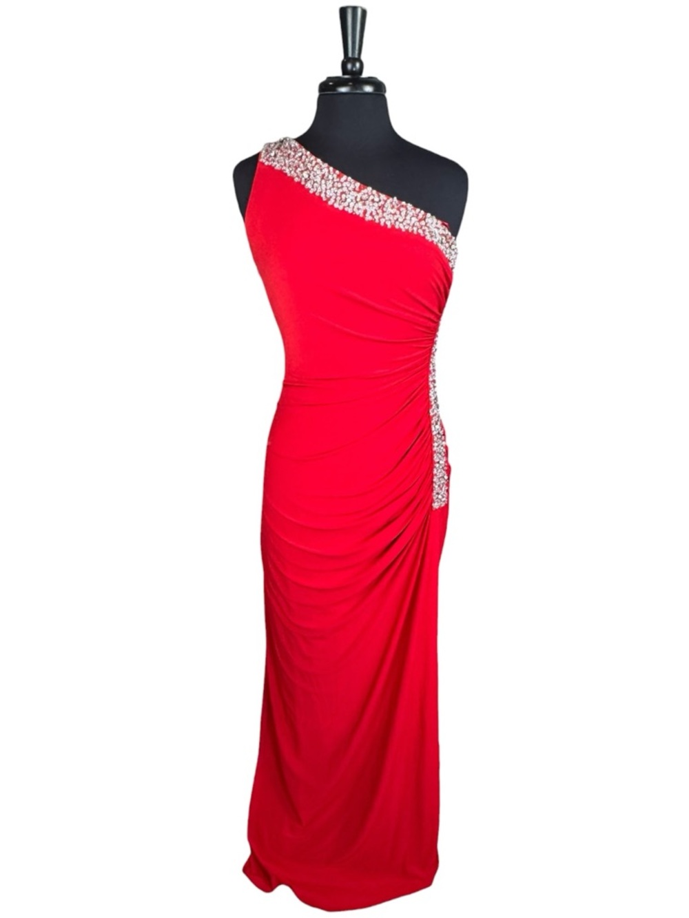 Betsy & Adam Vibrant Red One Shoulder Ruched Formal Gown Size 10